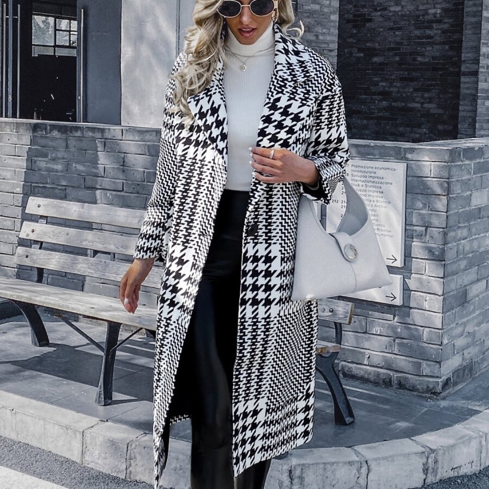 black white houndstooth long trench pea coat jacke - Picture 5 of 7